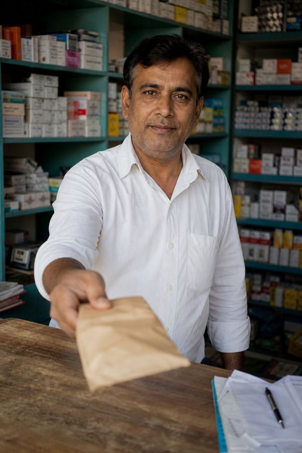 The chemist at the Bhavya counter handing over a medicine packet